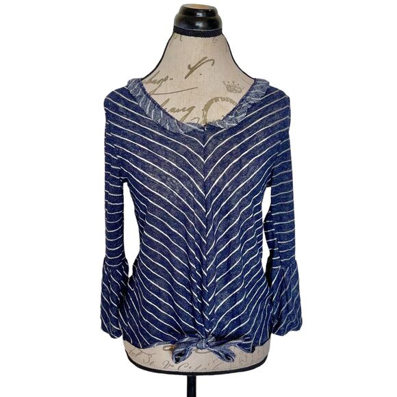 Coin 1804 Womens Blouse Sz Medium Striped Bell Sleeve Tie Front V Neck Ruffle - Picture 2 of 15